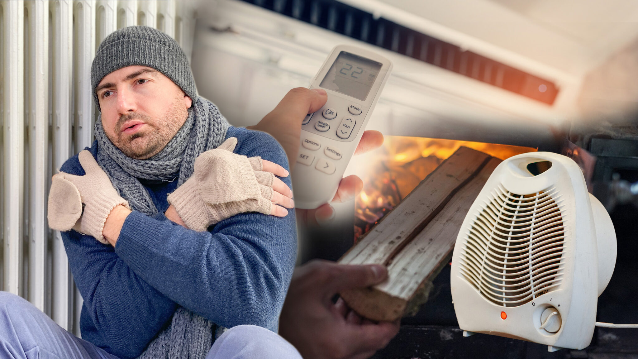 mit Strom muss nicht teuer sein. Bild mit frierendem Mann und unbezahlbaren Heizkosten