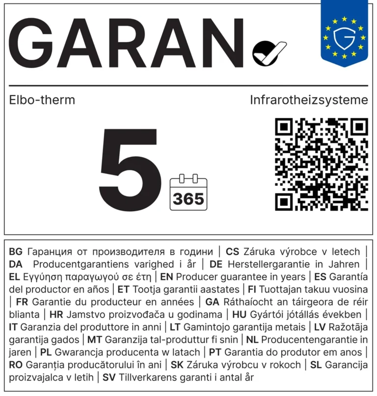 EU-Garantielabel: 5 Jahre Herstellergarantie auf Elbo-therm Infrarotheizsysteme
