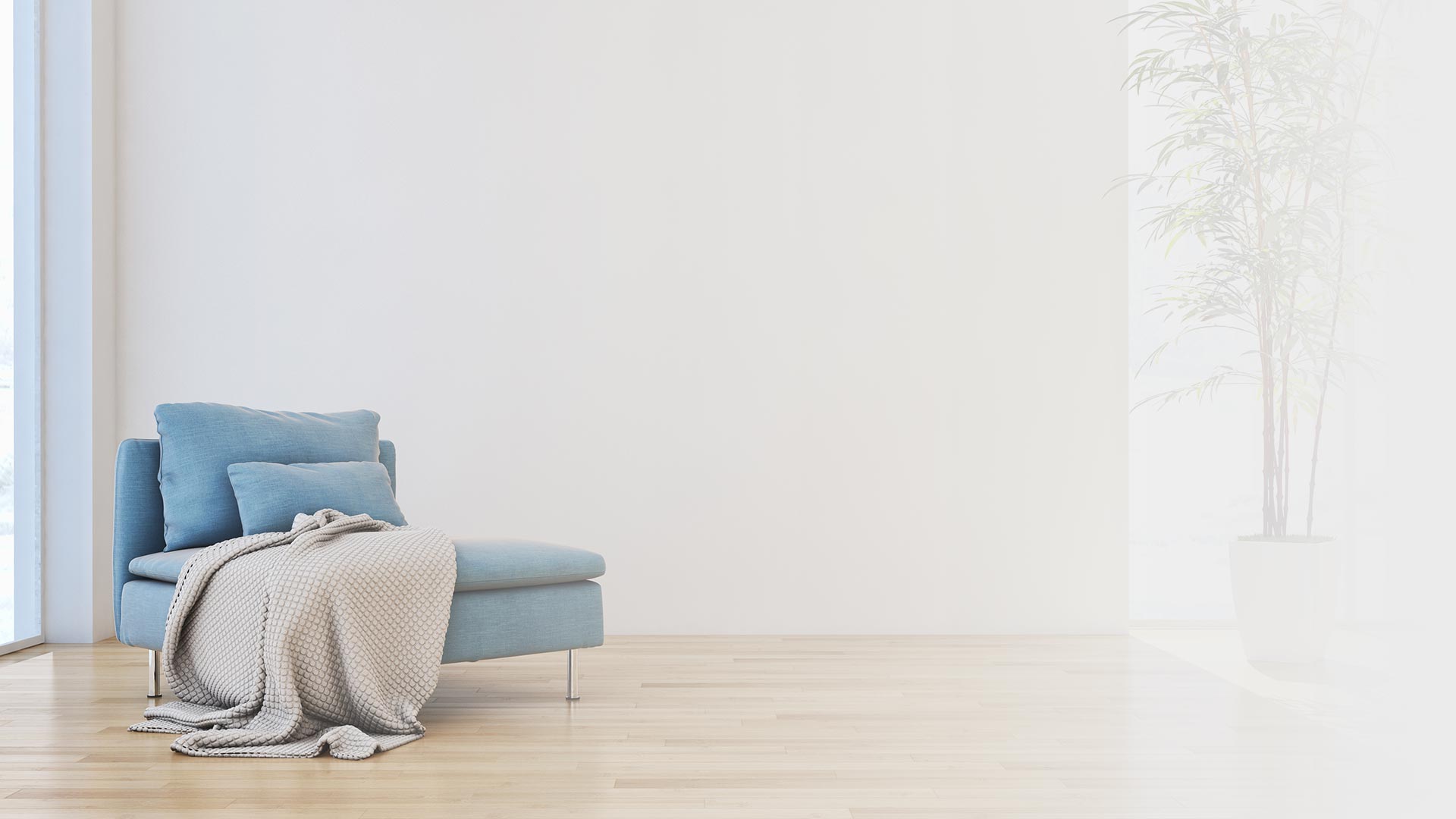Blauer sessel minimalistisches wohnzimmer