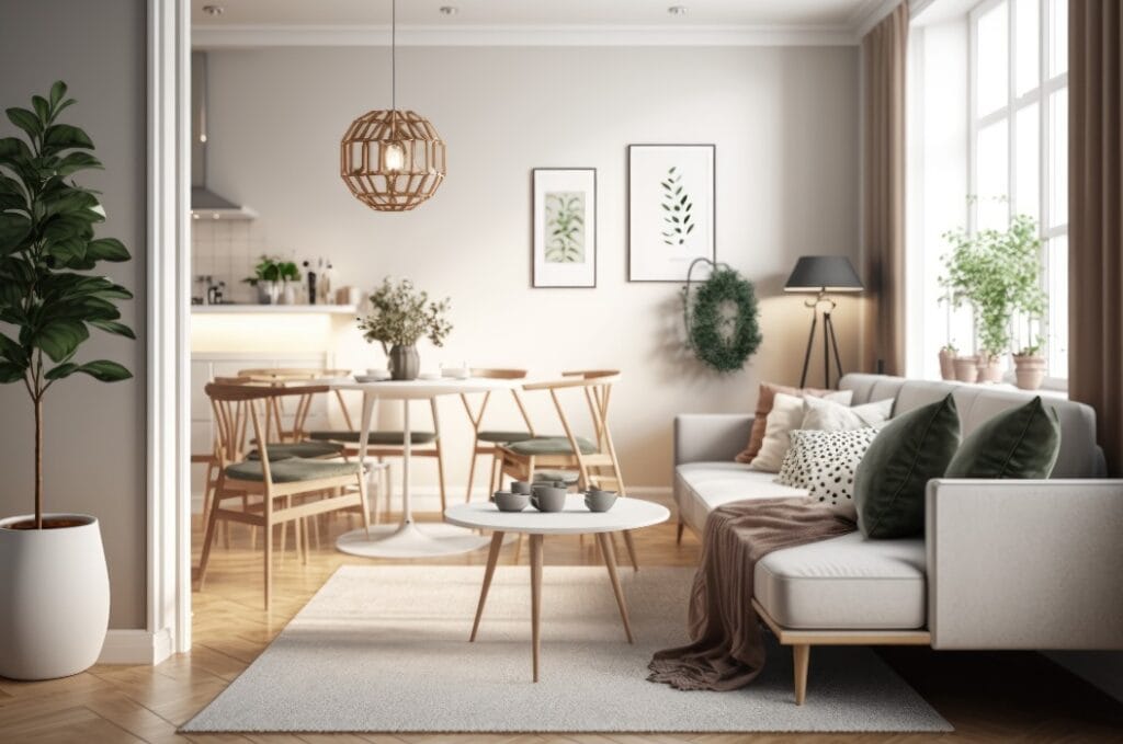 Contemporary Scandinavian Apartment Living Room with Beige Sofa and Dining Area - 3D Panoramic View